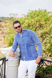 Guayabera de manga larga para hombre, 100 % lino, con paneles en contraste y pliegues tonales