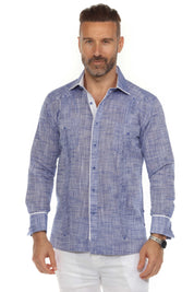 Camisa guayabera de mezcla de algodón para hombre, manga larga con ribete decorativo