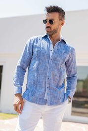 Camisa guayabera de mezcla de algodón para hombre, manga larga con ribete decorativo