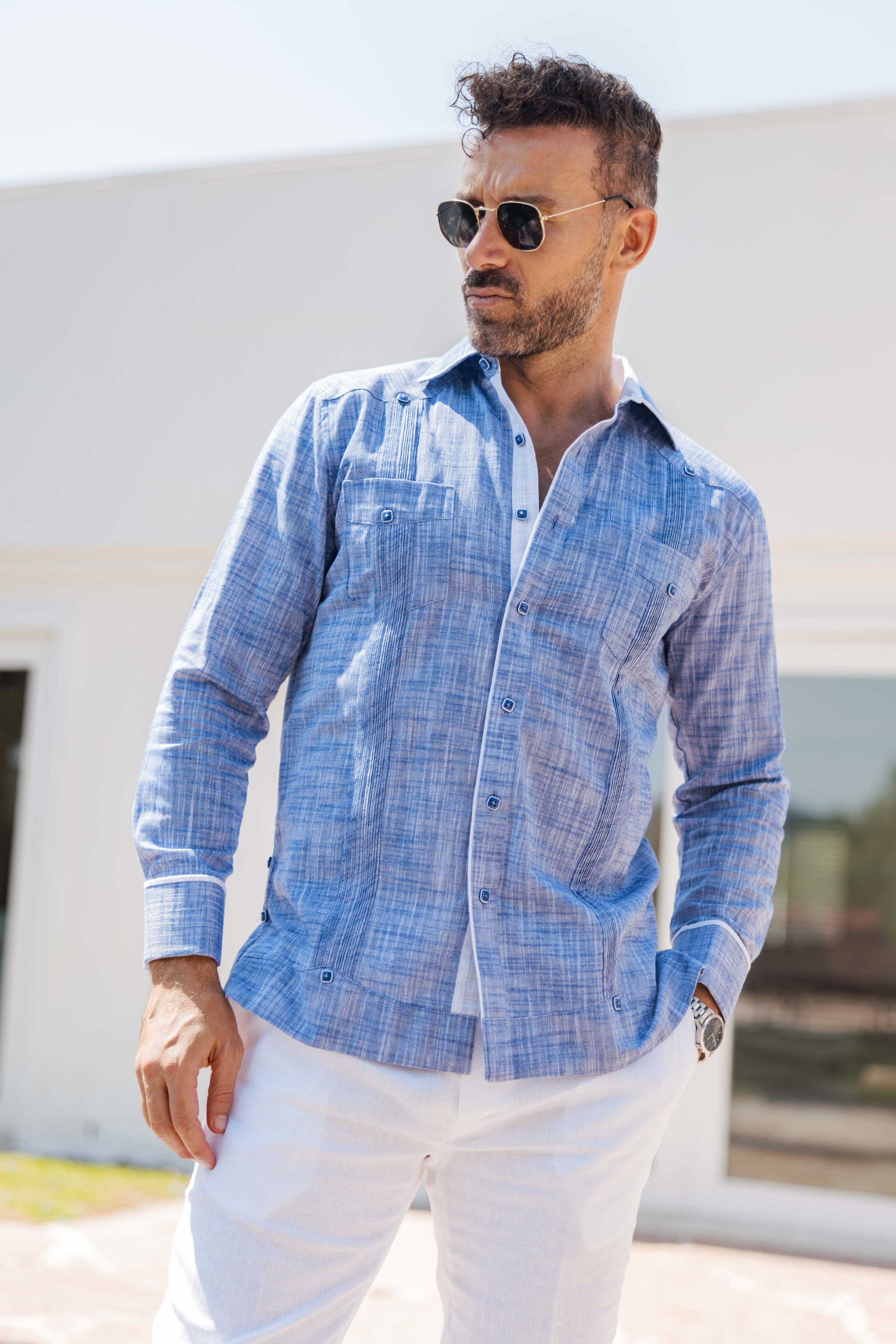 Camisa guayabera de mezcla de algodón para hombre, manga larga con ribete decorativo