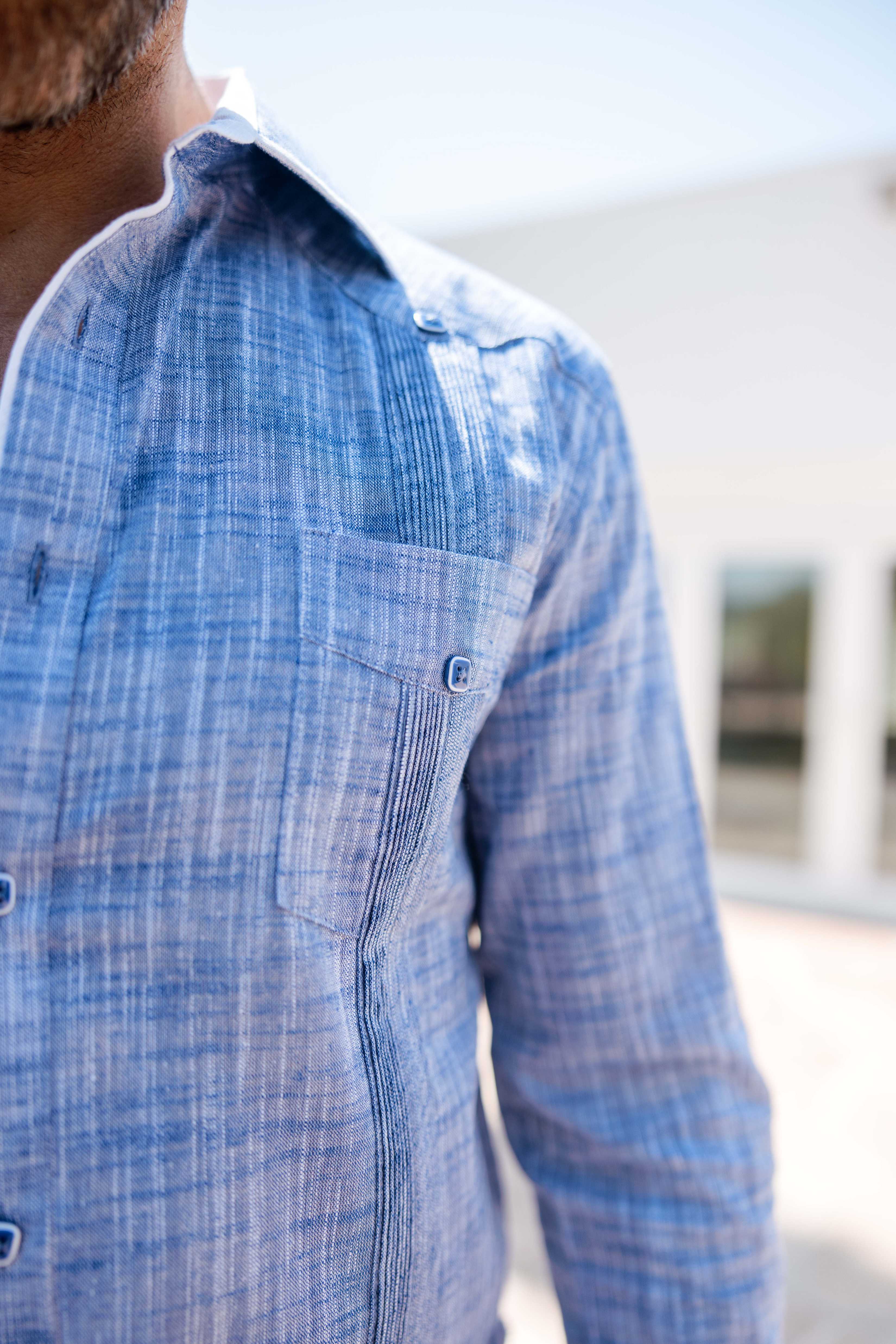Camisa guayabera de mezcla de algodón para hombre, manga larga con ribete decorativo