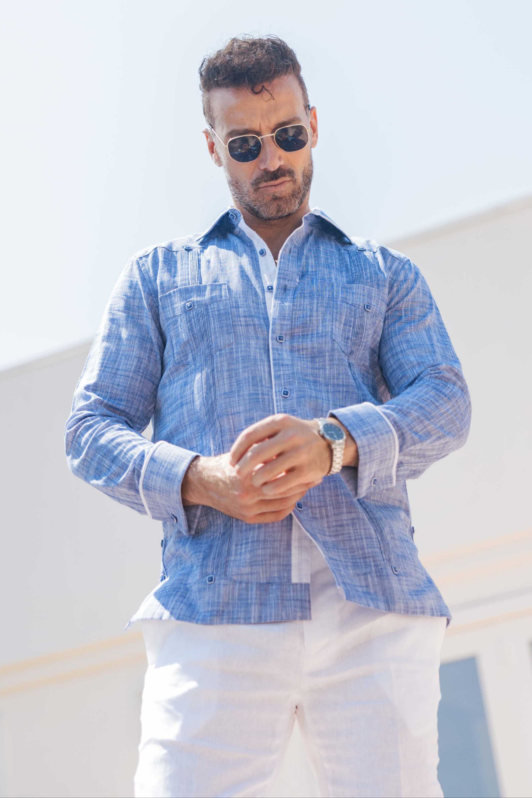 Camisa guayabera de mezcla de algodón para hombre, manga larga con ribete decorativo