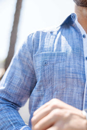 Camisa guayabera de mezcla de algodón para hombre, manga larga con ribete decorativo