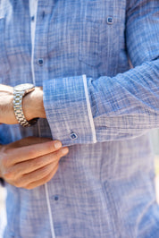 Camisa guayabera de mezcla de algodón para hombre, manga larga con ribete decorativo