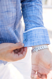 Camisa guayabera de mezcla de algodón para hombre, manga larga con ribete decorativo