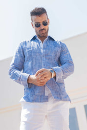 Camisa guayabera de mezcla de algodón para hombre, manga larga con ribete decorativo