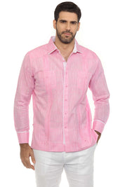 Camisa guayabera de mezcla de algodón para hombre, manga larga con ribete decorativo