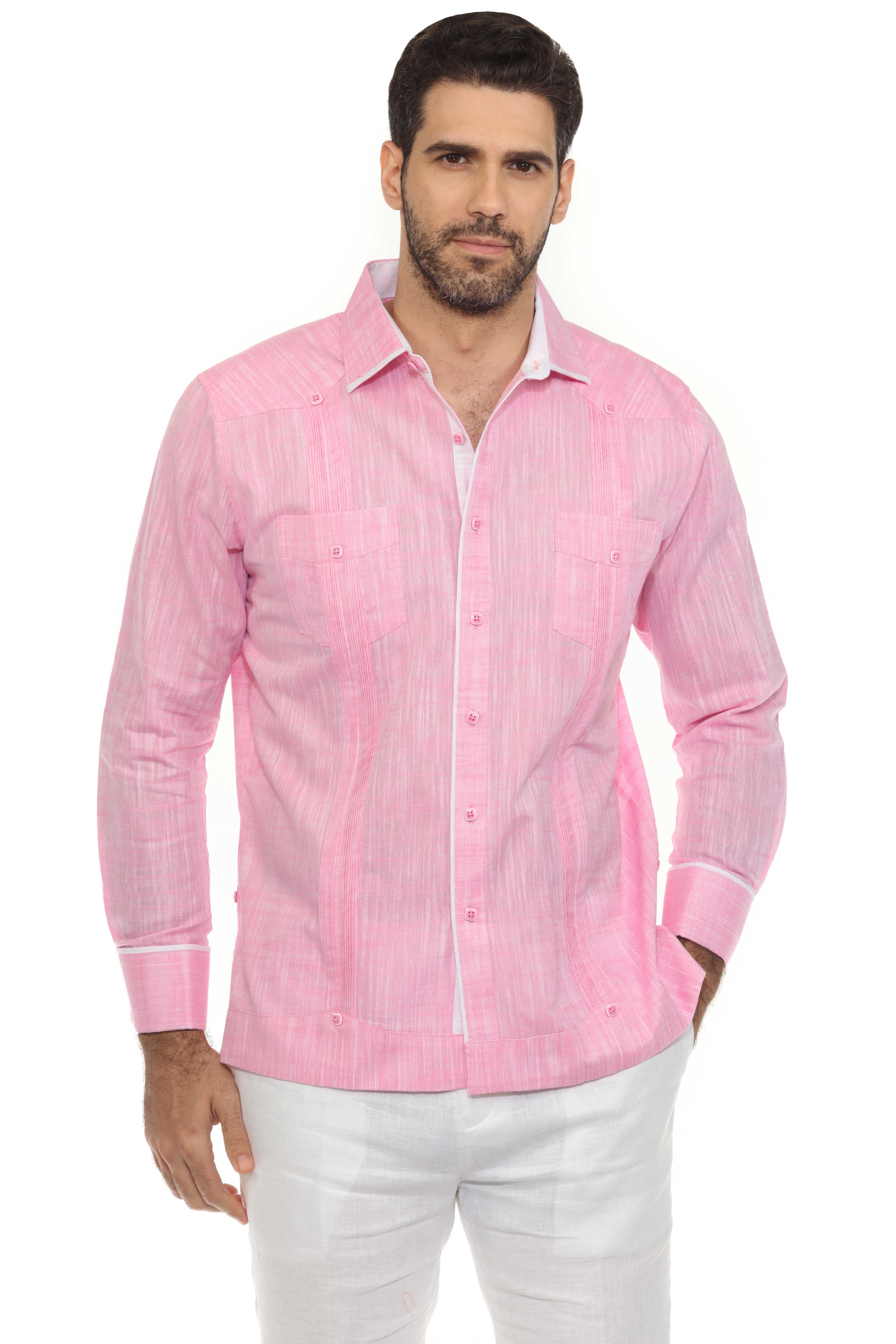 Men's Cotton Blend Guayabera Shirt Long Sleeve with Accent Trim