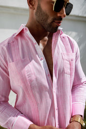 Camisa guayabera de mezcla de algodón para hombre, manga larga con ribete decorativo