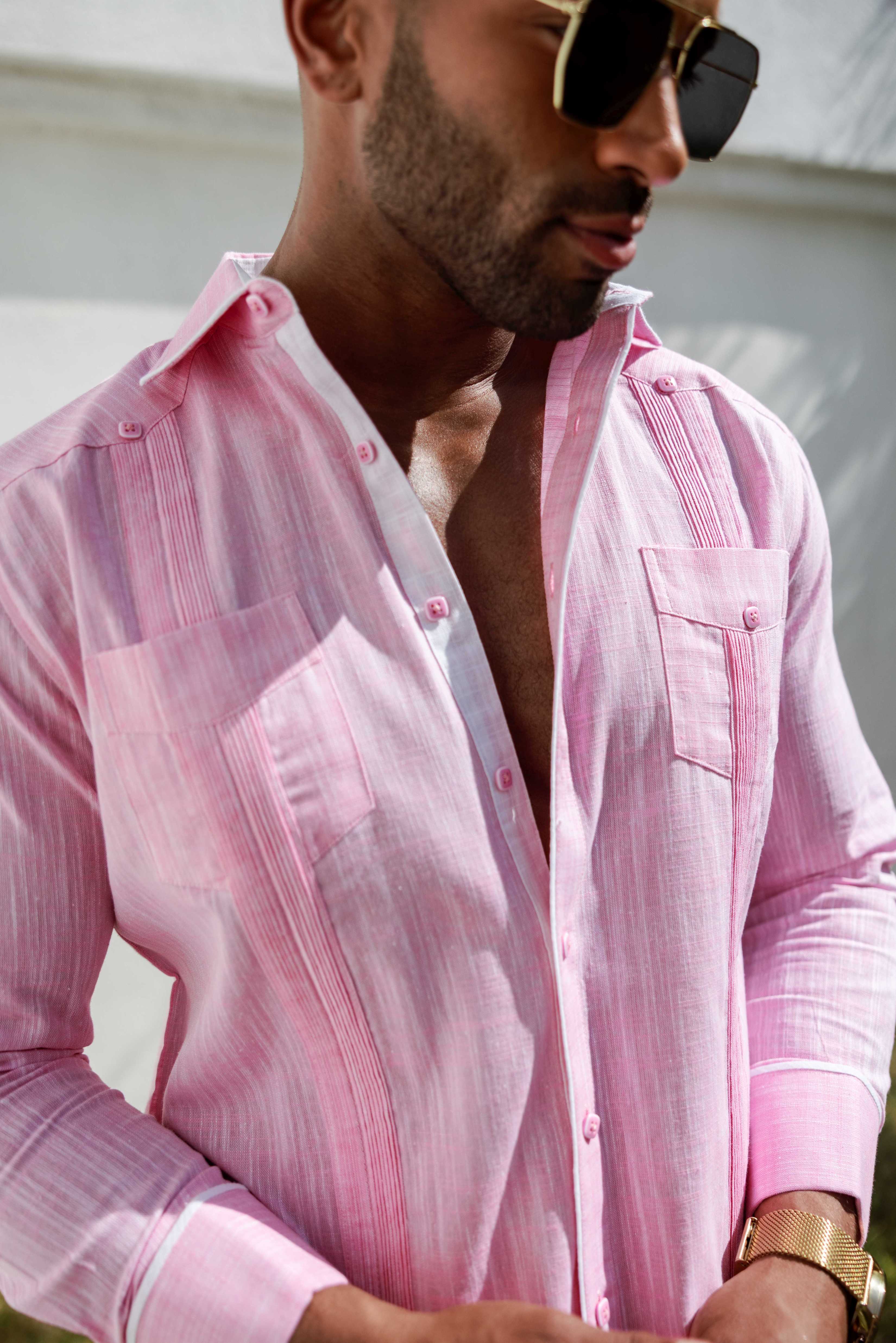 Camisa guayabera de mezcla de algodón para hombre, manga larga con ribete decorativo