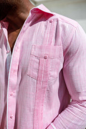 Camisa guayabera de mezcla de algodón para hombre, manga larga con ribete decorativo