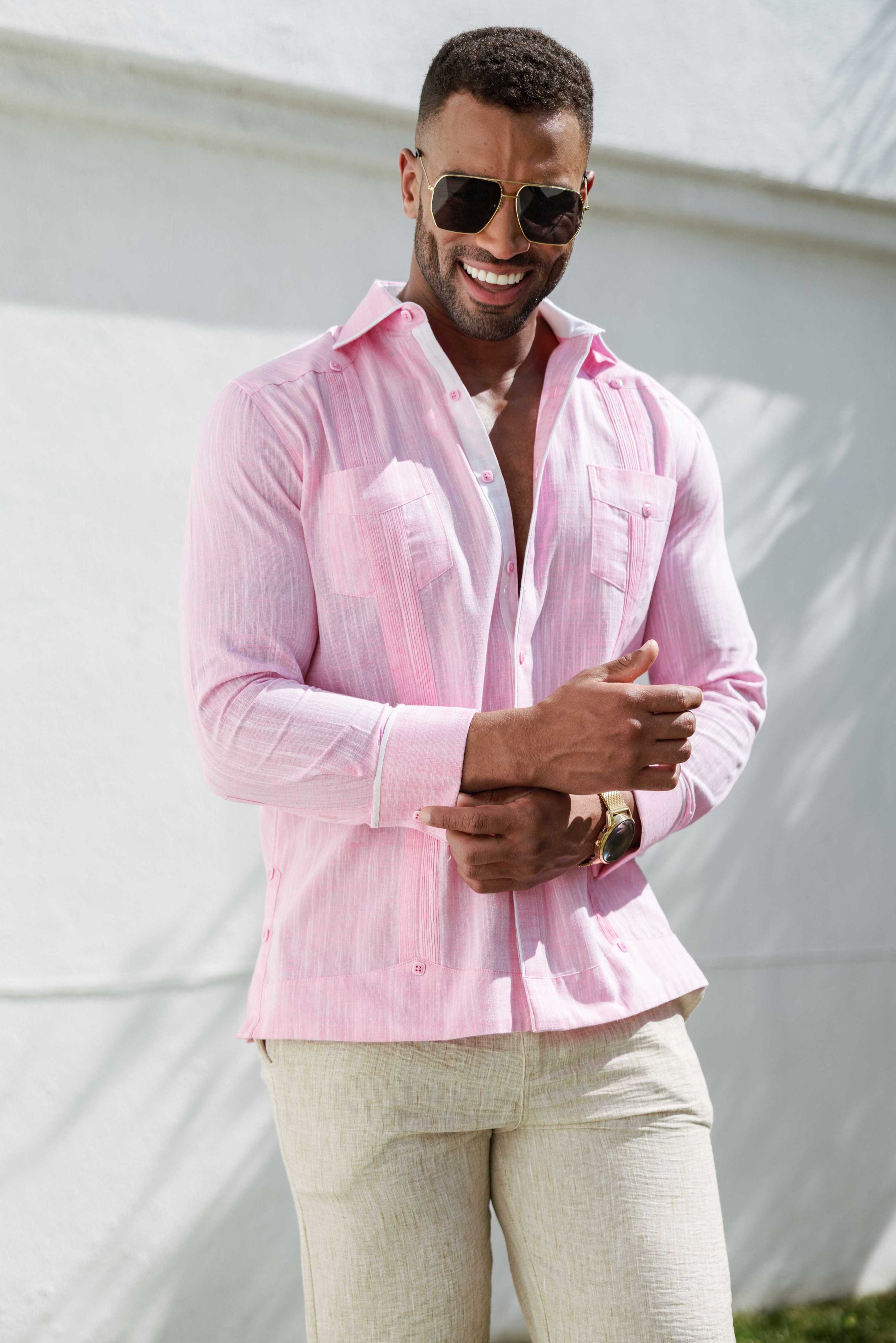 Camisa guayabera de mezcla de algodón para hombre, manga larga con ribete decorativo