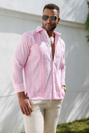 Camisa guayabera de mezcla de algodón para hombre, manga larga con ribete decorativo