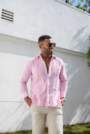 Camisa guayabera de mezcla de algodón para hombre, manga larga con ribete decorativo