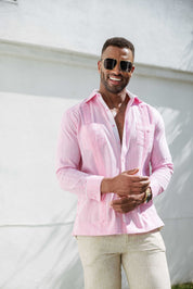 Camisa guayabera de mezcla de algodón para hombre, manga larga con ribete decorativo