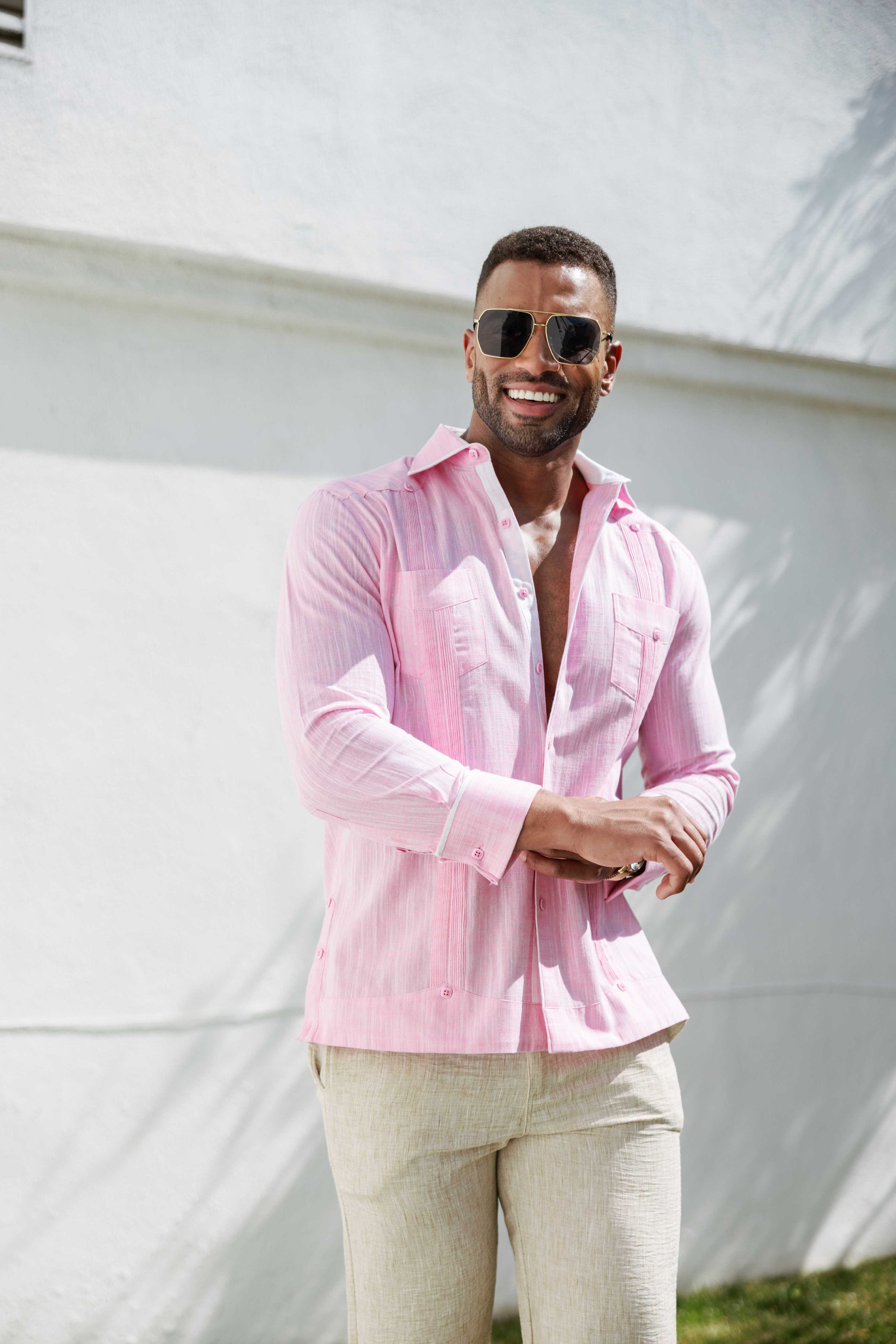 Camisa guayabera de mezcla de algodón para hombre, manga larga con ribete decorativo