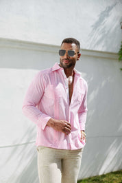Camisa guayabera de mezcla de algodón para hombre, manga larga con ribete decorativo