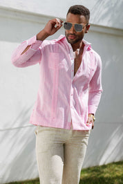 Camisa guayabera de mezcla de algodón para hombre, manga larga con ribete decorativo