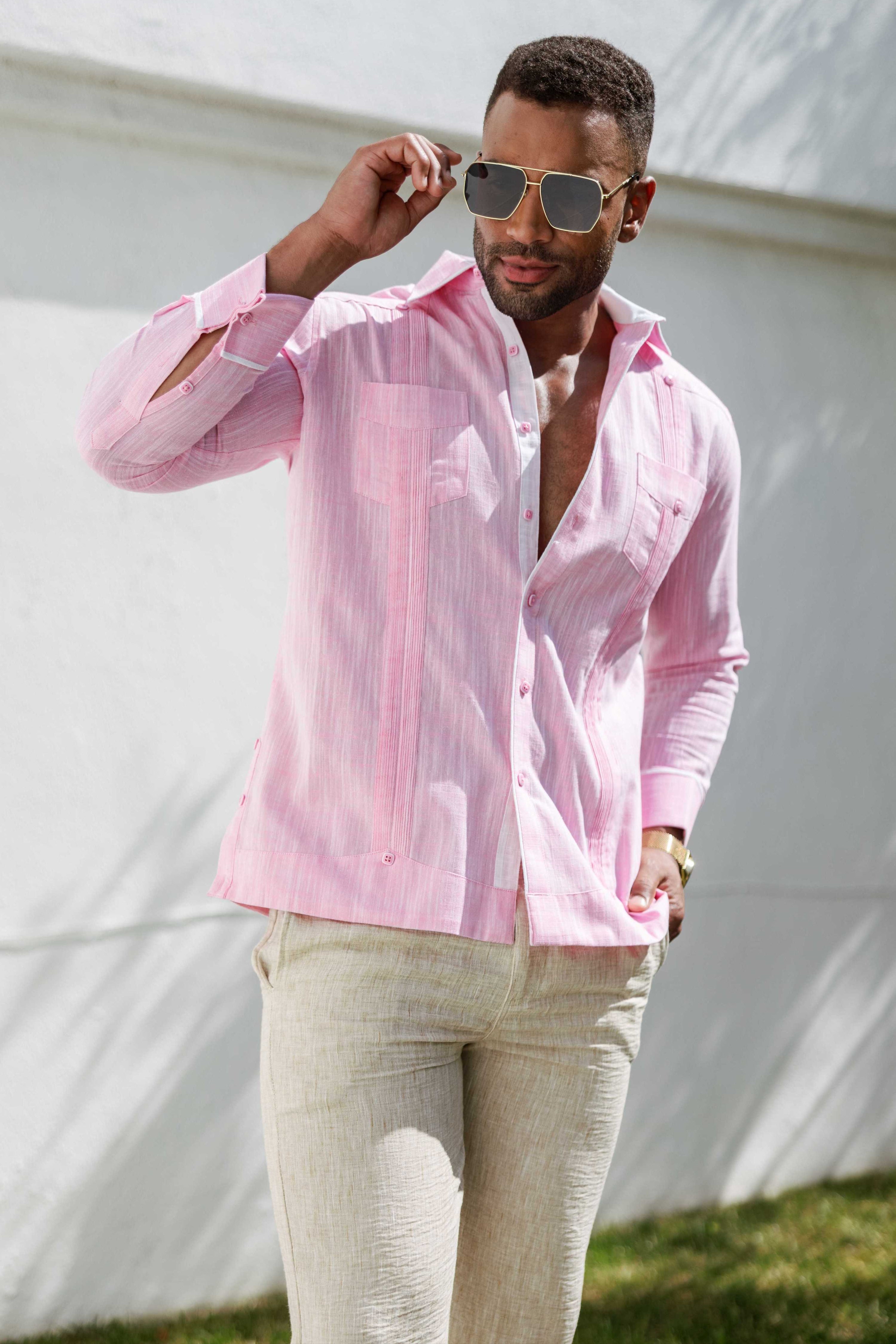 Camisa guayabera de mezcla de algodón para hombre, manga larga con ribete decorativo