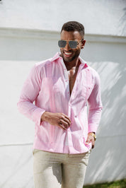 Camisa guayabera de mezcla de algodón para hombre, manga larga con ribete decorativo