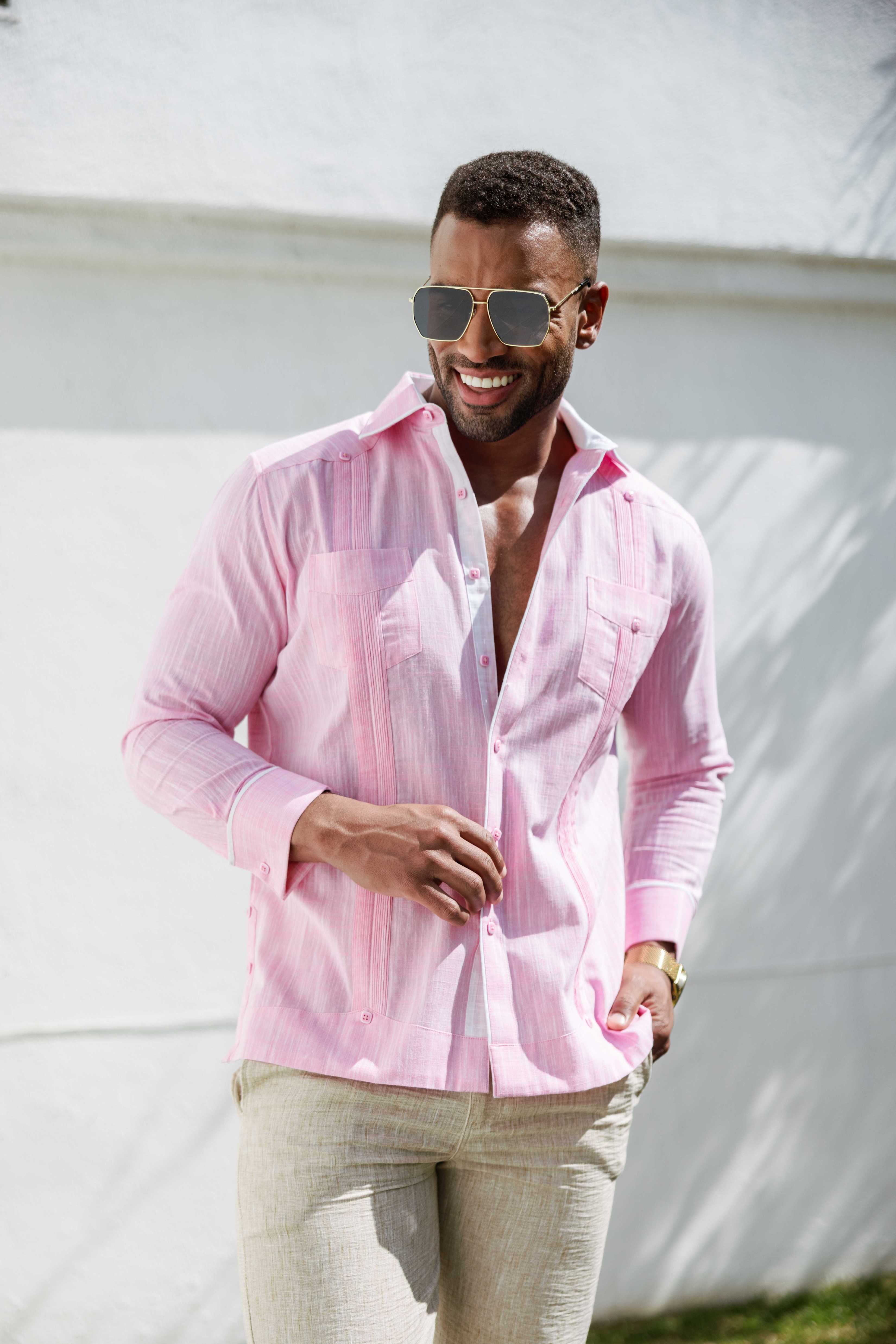 Camisa guayabera de mezcla de algodón para hombre, manga larga con ribete decorativo