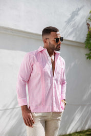 Camisa guayabera de mezcla de algodón para hombre, manga larga con ribete decorativo