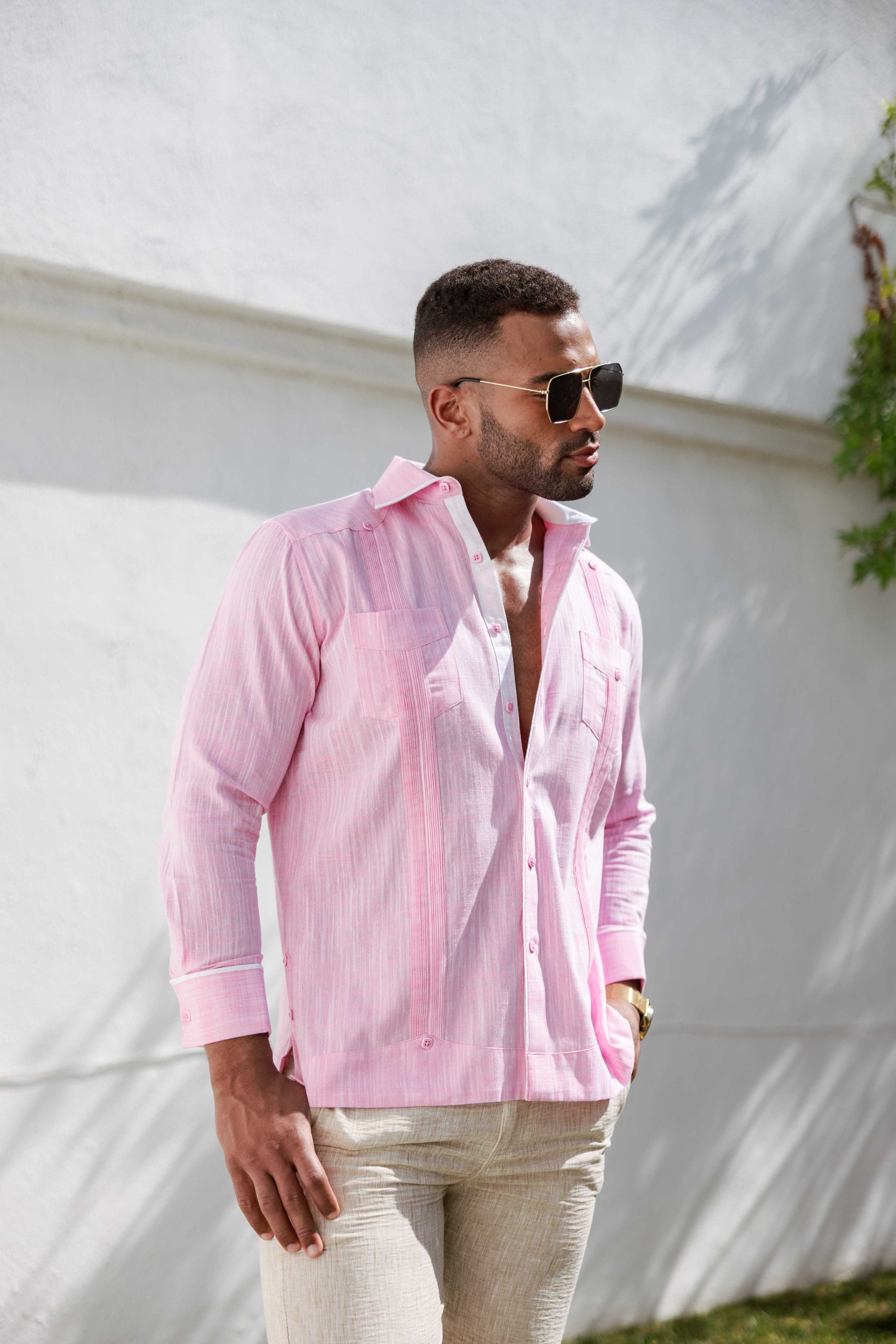 Camisa guayabera de mezcla de algodón para hombre, manga larga con ribete decorativo