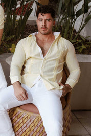 Camisa guayabera de mezcla de algodón para hombre, manga larga con ribete decorativo