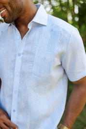 Camisa Guayabera de Lino 100% Teñida con Hilo para Hombre, Manga Corta, Diseño de 2 Bolsillos