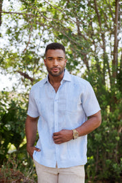 Camisa Guayabera de Lino 100% Teñida con Hilo para Hombre, Manga Corta, Diseño de 2 Bolsillos