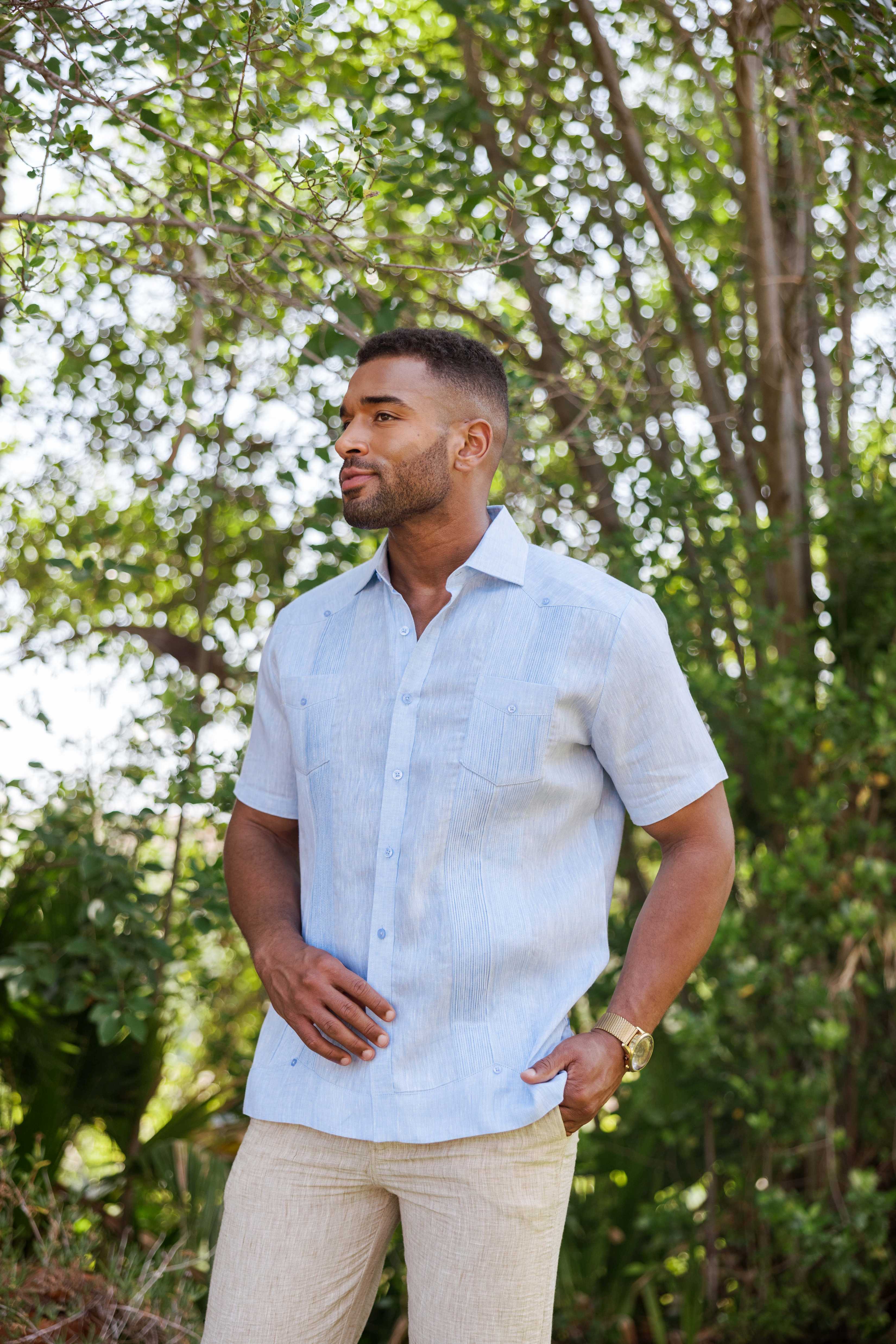 Camisa Guayabera de Lino 100% Teñida con Hilo para Hombre, Manga Corta, Diseño de 2 Bolsillos