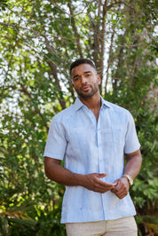 Camisa Guayabera de Lino 100% Teñida con Hilo para Hombre, Manga Corta, Diseño de 2 Bolsillos