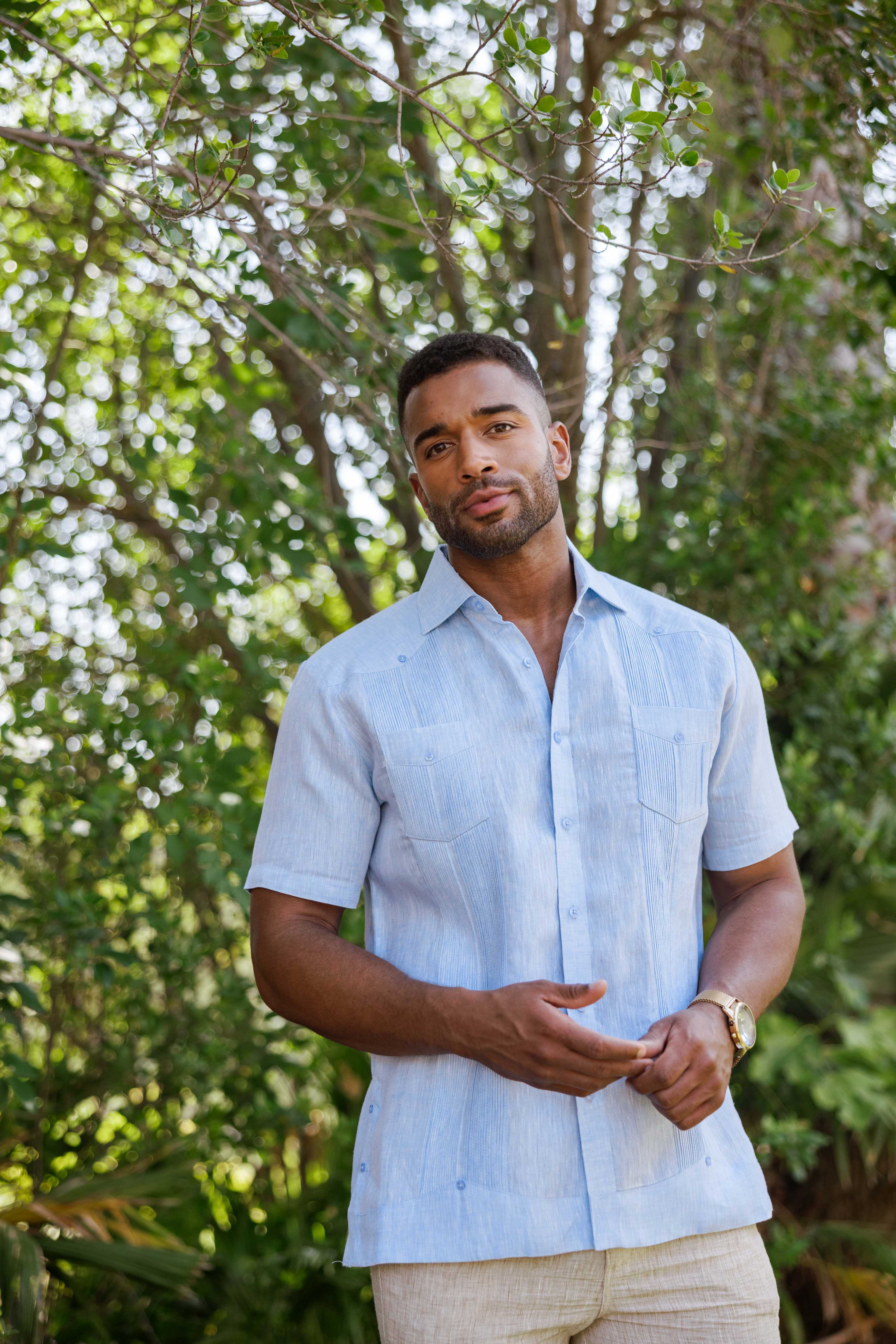 Camisa Guayabera de Lino 100% Teñida con Hilo para Hombre, Manga Corta, Diseño de 2 Bolsillos