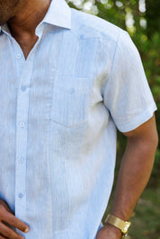Camisa Guayabera de Lino 100% Teñida con Hilo para Hombre, Manga Corta, Diseño de 2 Bolsillos