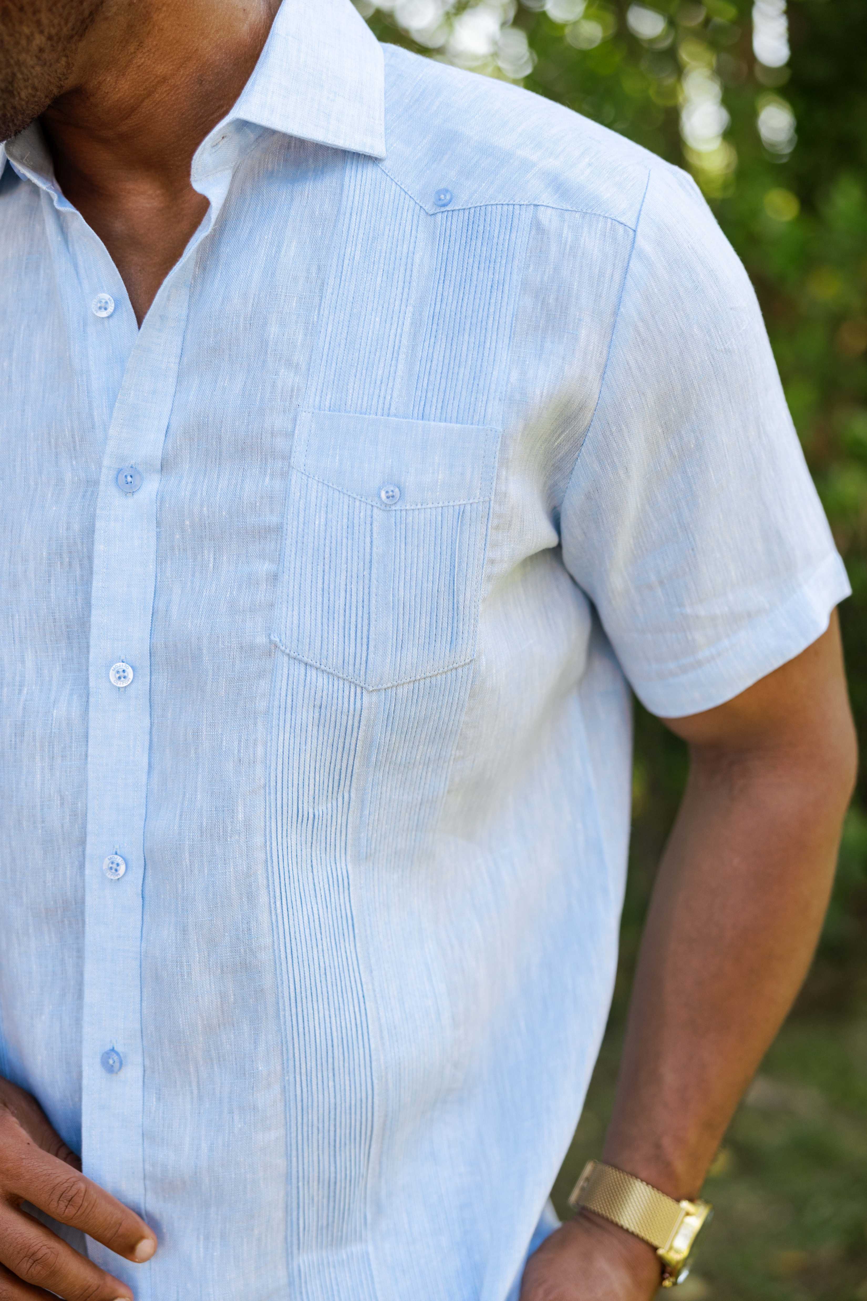 Camisa Guayabera de Lino 100% Teñida con Hilo para Hombre, Manga Corta, Diseño de 2 Bolsillos