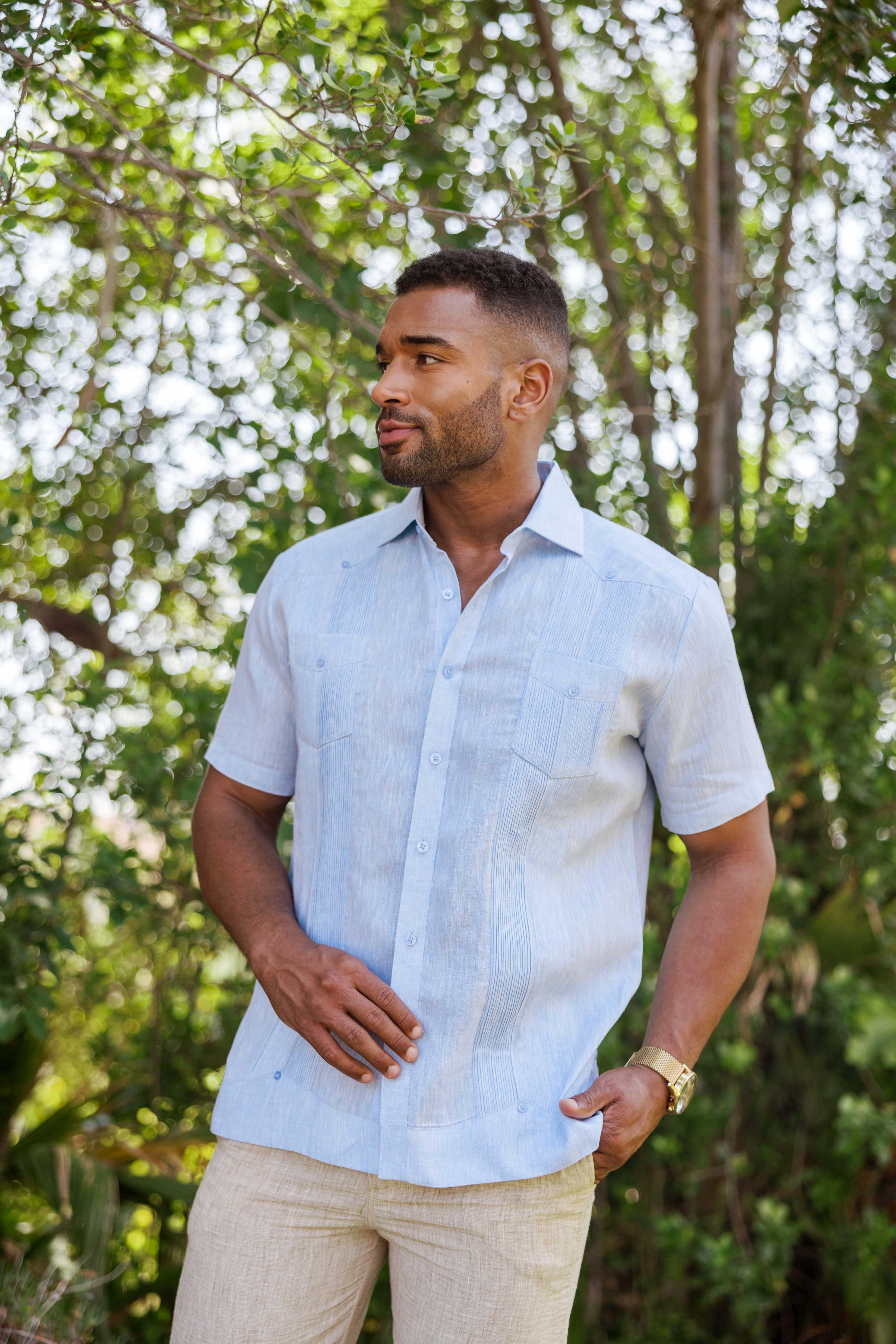 Camisa Guayabera de Lino 100% Teñida con Hilo para Hombre, Manga Corta, Diseño de 2 Bolsillos