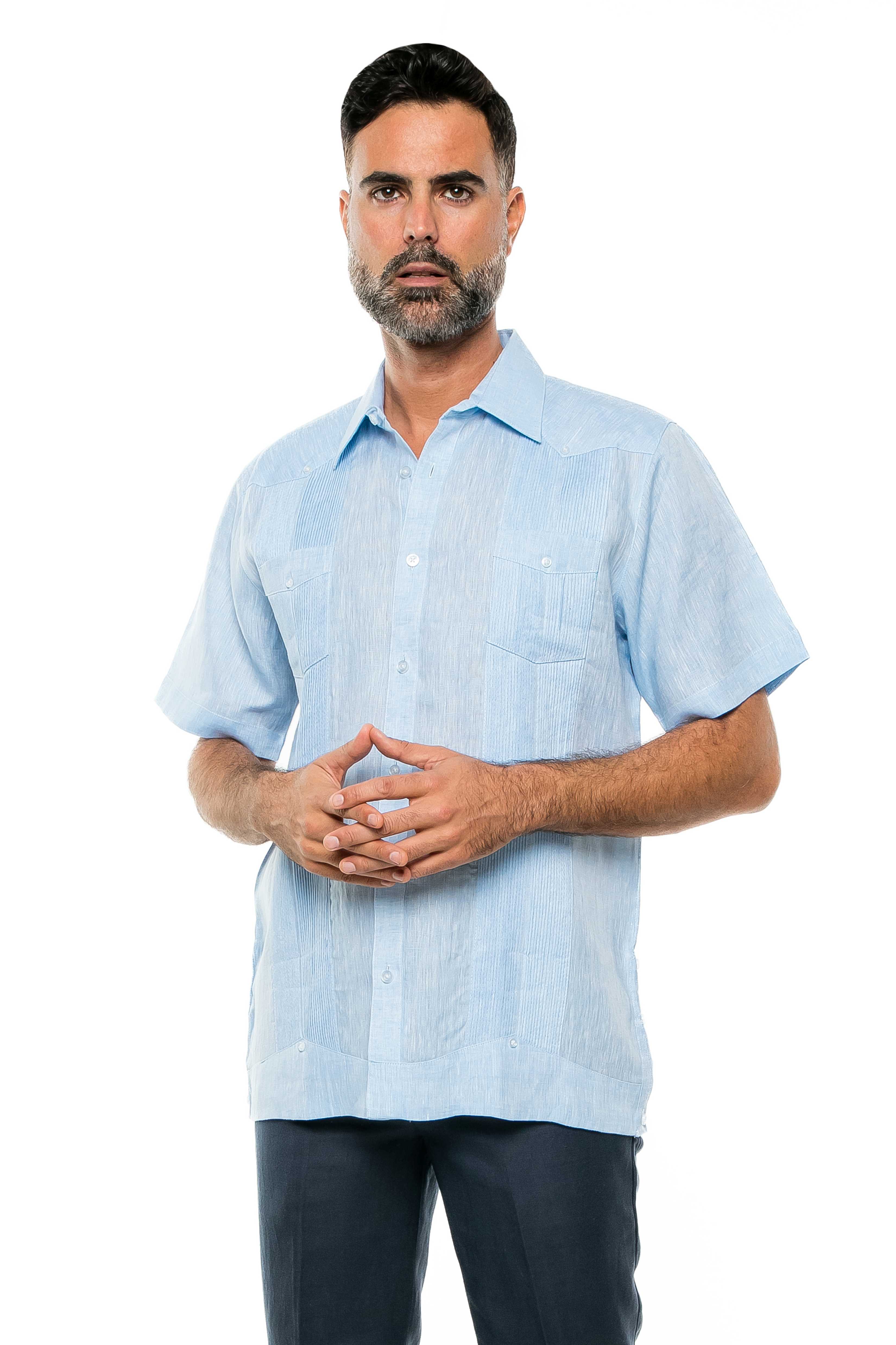 Camisa Guayabera de Lino 100% Teñida con Hilo para Hombre, Manga Corta, Diseño de 2 Bolsillos