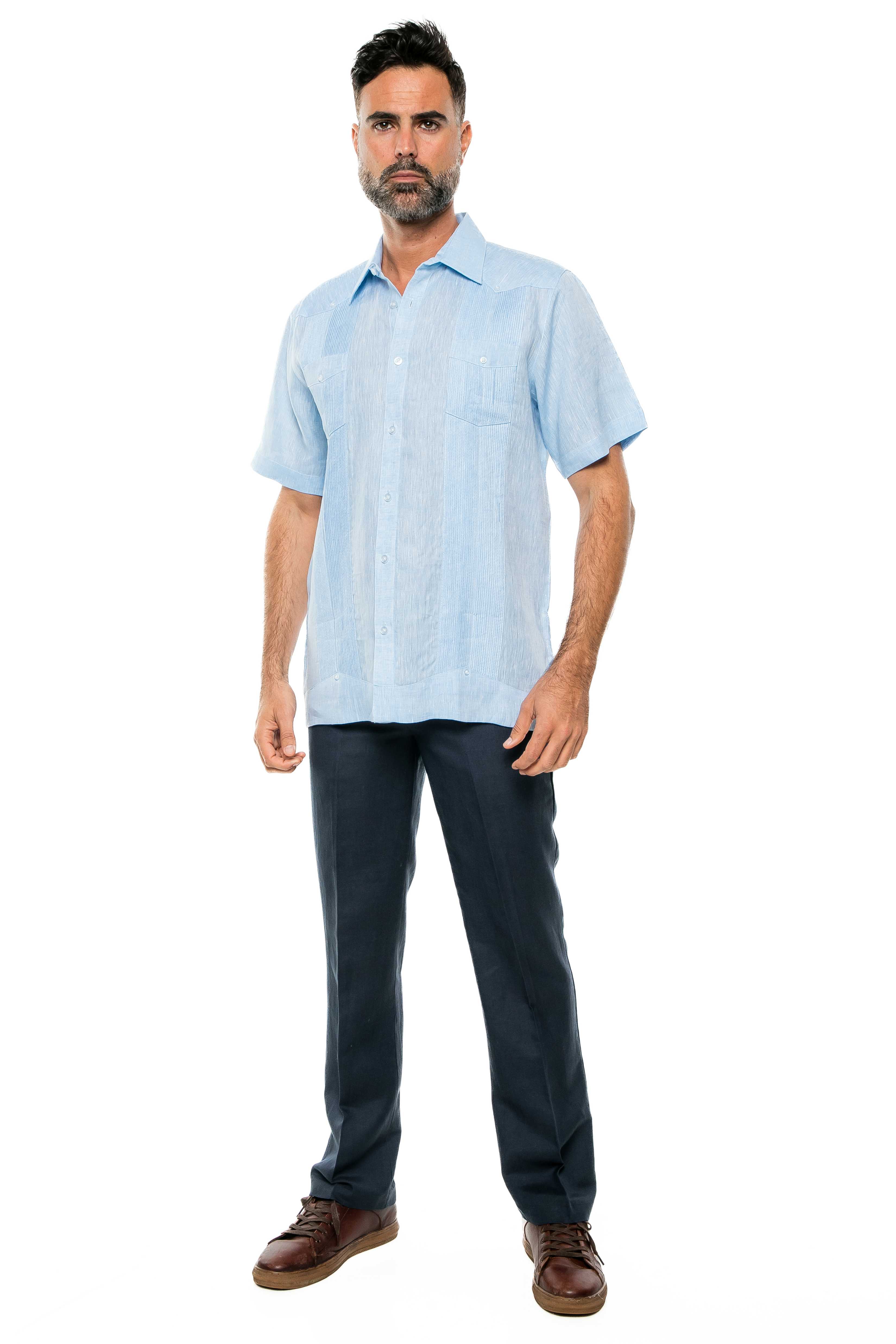 Camisa Guayabera de Lino 100% Teñida con Hilo para Hombre, Manga Corta, Diseño de 2 Bolsillos
