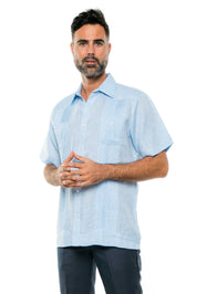 Camisa Guayabera de Lino 100% Teñida con Hilo para Hombre, Manga Corta, Diseño de 2 Bolsillos