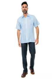 Camisa Guayabera de Lino 100% Teñida con Hilo para Hombre, Manga Corta, Diseño de 2 Bolsillos