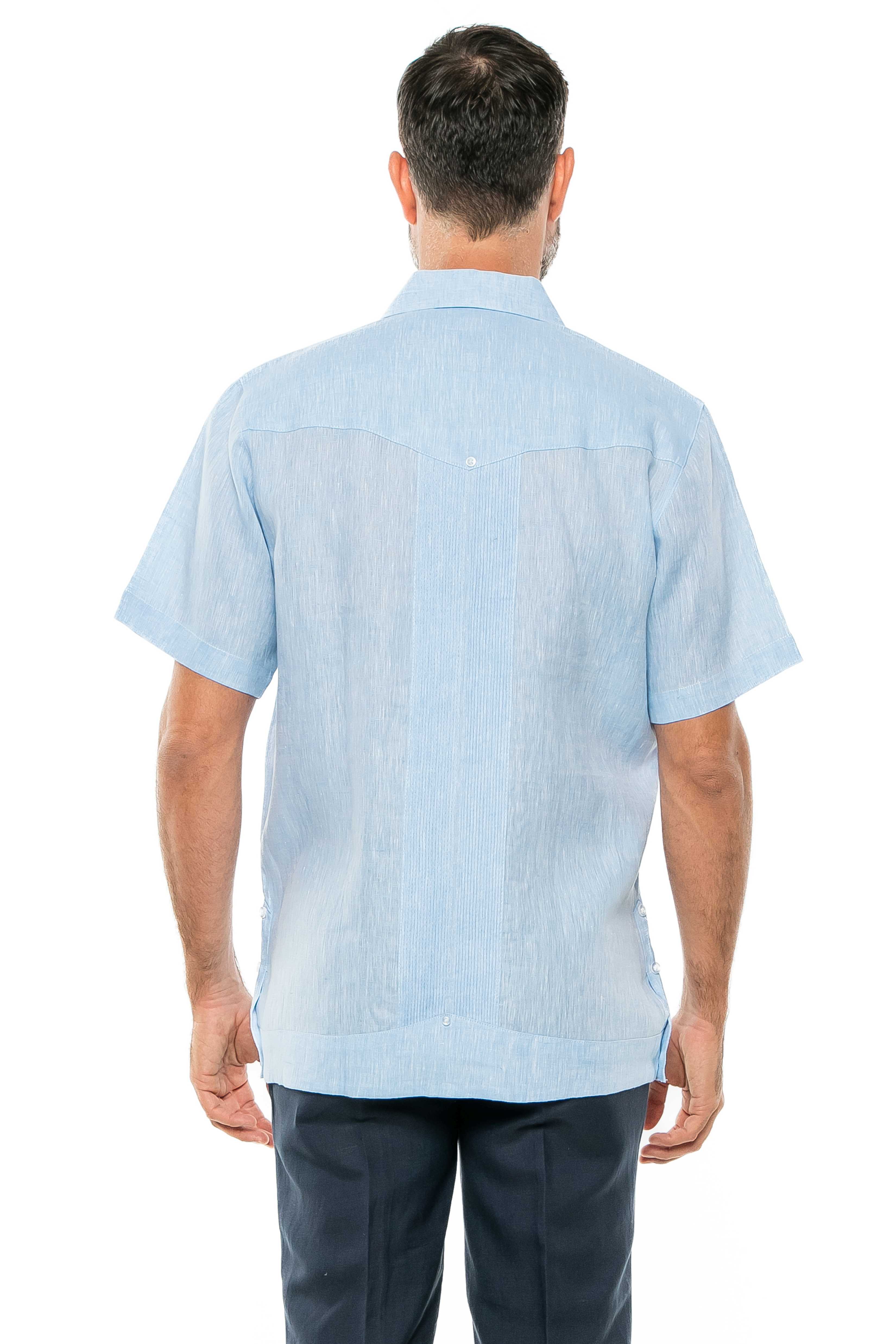 Camisa Guayabera de Lino 100% Teñida con Hilo para Hombre, Manga Corta, Diseño de 2 Bolsillos
