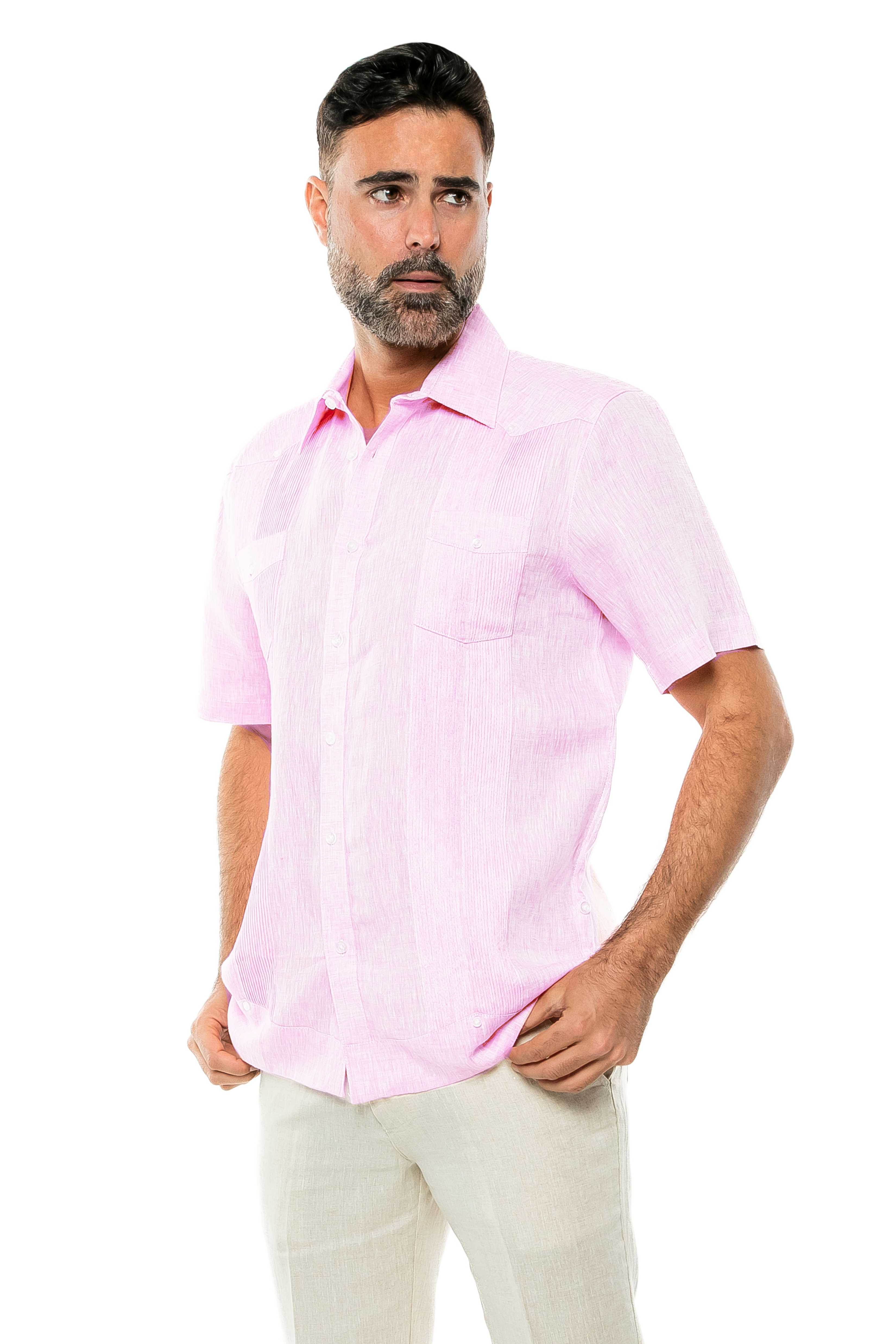 Camisa Guayabera de Lino 100% Teñida con Hilo para Hombre, Manga Corta, Diseño de 2 Bolsillos