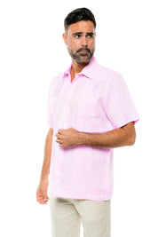 Camisa Guayabera de Lino 100% Teñida con Hilo para Hombre, Manga Corta, Diseño de 2 Bolsillos