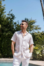 Camisa Guayabera de Lino 100% Teñida con Hilo para Hombre, Manga Corta, Diseño de 2 Bolsillos