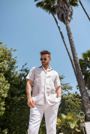 Camisa Guayabera de Lino 100% Teñida con Hilo para Hombre, Manga Corta, Diseño de 2 Bolsillos