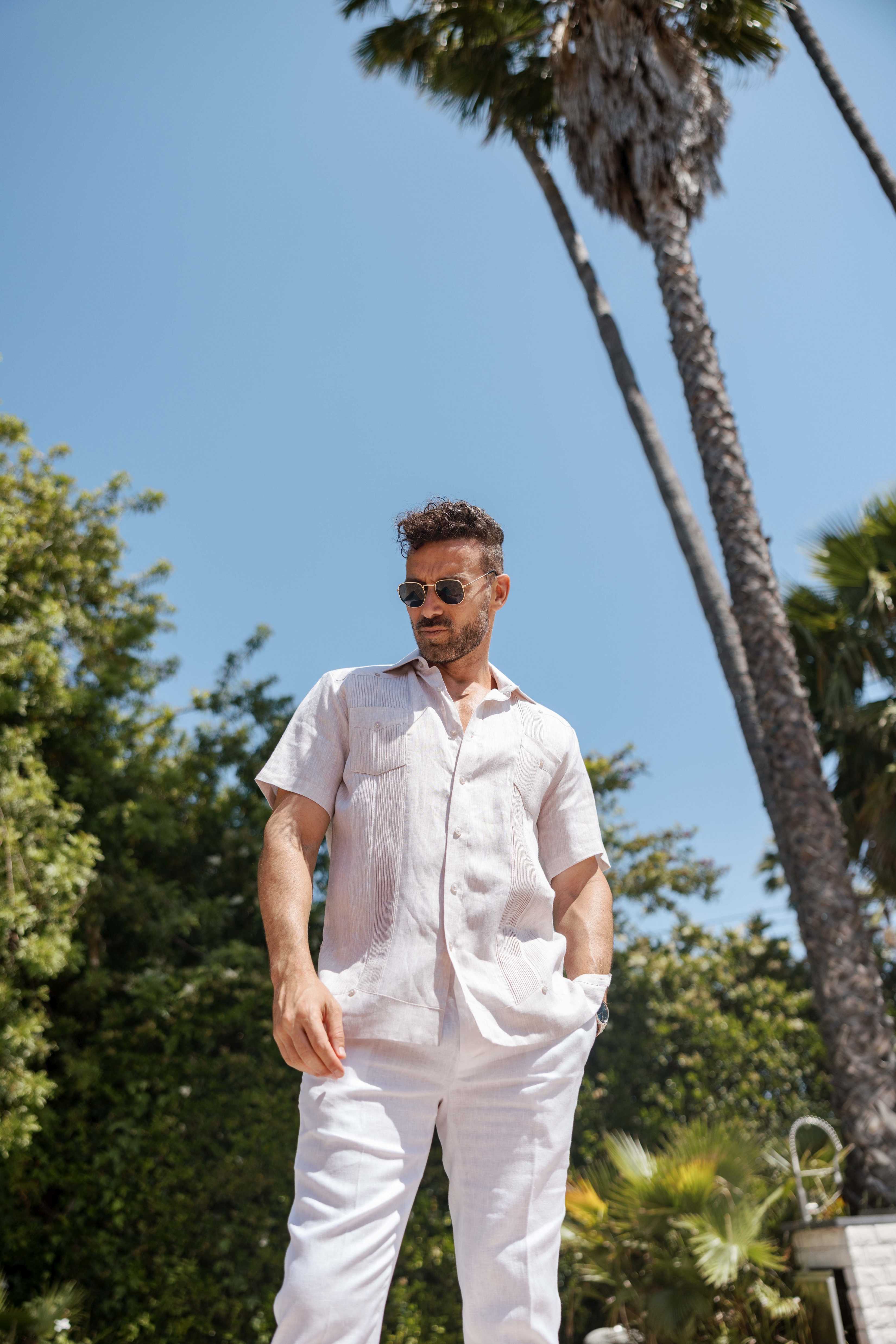 Camisa Guayabera de Lino 100% Teñida con Hilo para Hombre, Manga Corta, Diseño de 2 Bolsillos