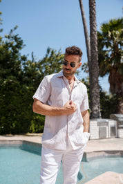 Camisa Guayabera de Lino 100% Teñida con Hilo para Hombre, Manga Corta, Diseño de 2 Bolsillos