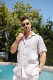 Camisa Guayabera de Lino 100% Teñida con Hilo para Hombre, Manga Corta, Diseño de 2 Bolsillos