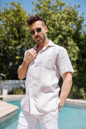 Camisa Guayabera de Lino 100% Teñida con Hilo para Hombre, Manga Corta, Diseño de 2 Bolsillos