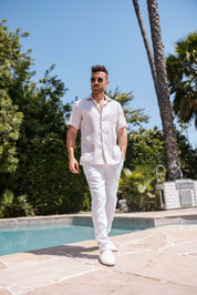 Camisa Guayabera de Lino 100% Teñida con Hilo para Hombre, Manga Corta, Diseño de 2 Bolsillos